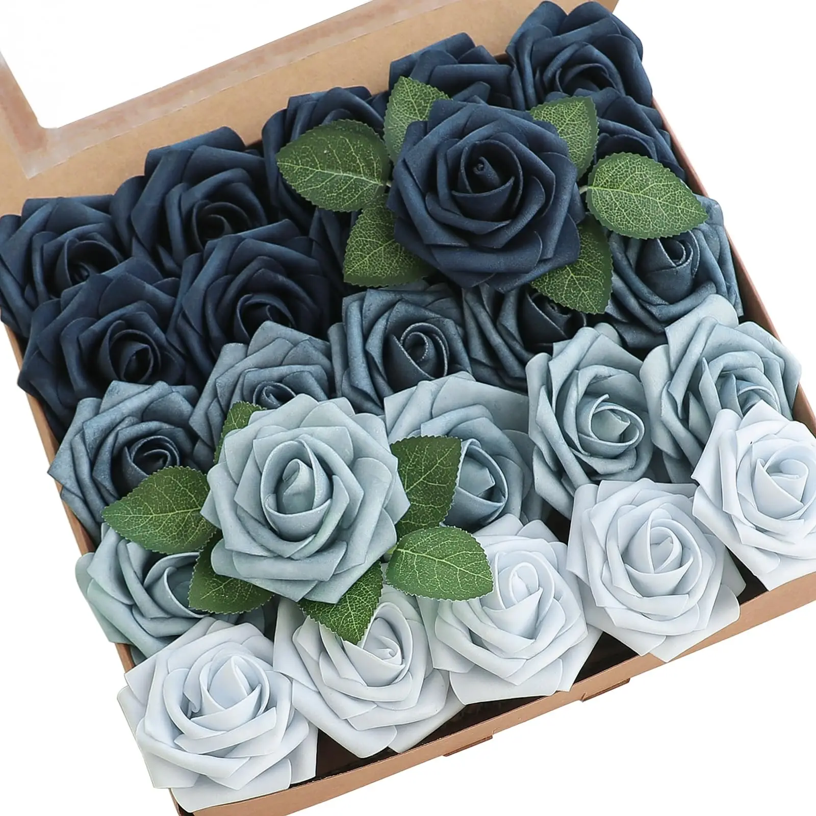 Artificial Flowers 25pcs Real Looking Blue Ombre Colors Foam Fake Roses with Stems for DIY Wedding Bouquets Bridal Shower Cente