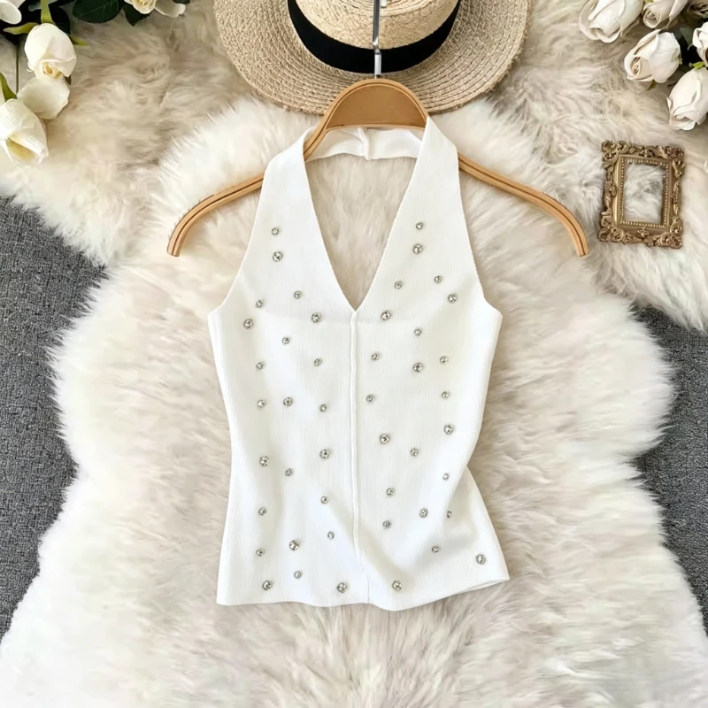 2026 New Summer Women Sexy V-neck Sleeveless Knitted Camisole Heavy Work Rhinestone Decoration Solid Color Vest Tops