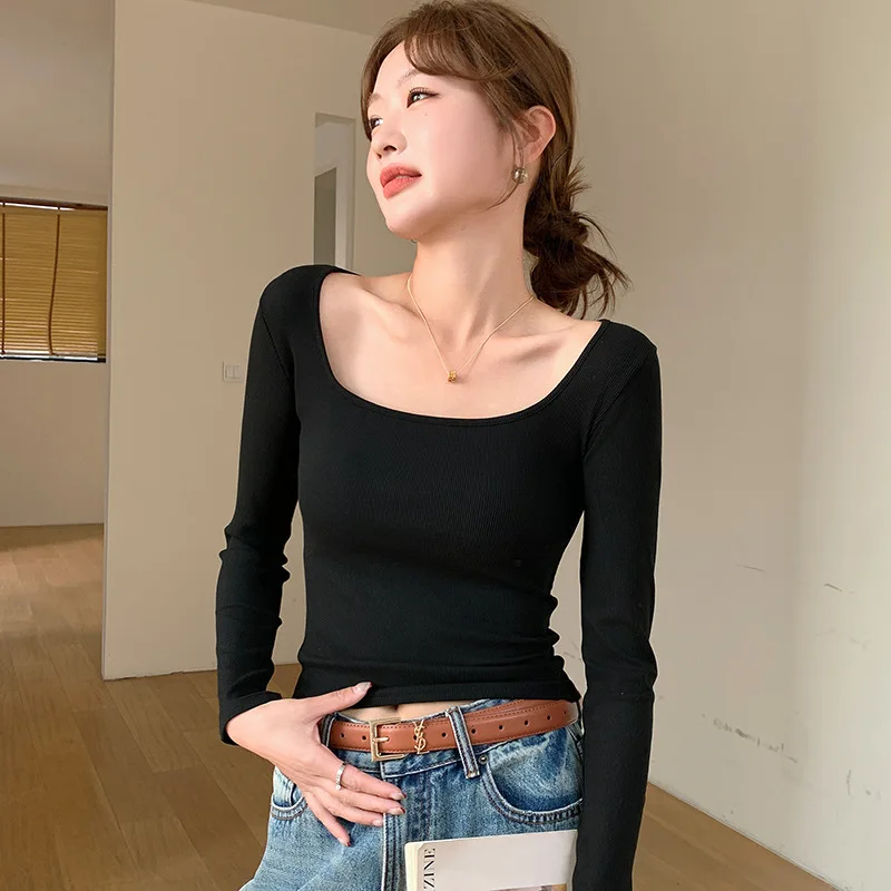 Spring Summer Big U-neck Women's T-shirt Slim Fit Casual Korean Style Y2K Top Thread Fabric Base Shirt for Home Wear