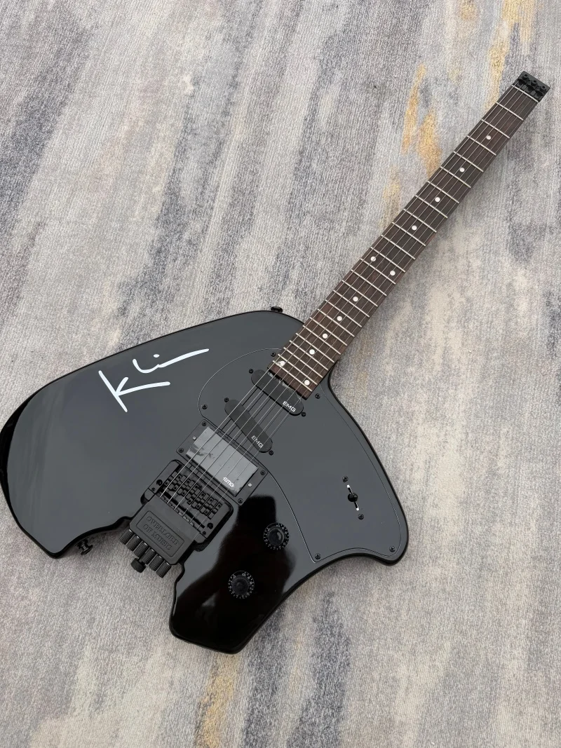 Headless Electric Guitar, Black Irregular Body, Double Tremolo Bridge 6 string