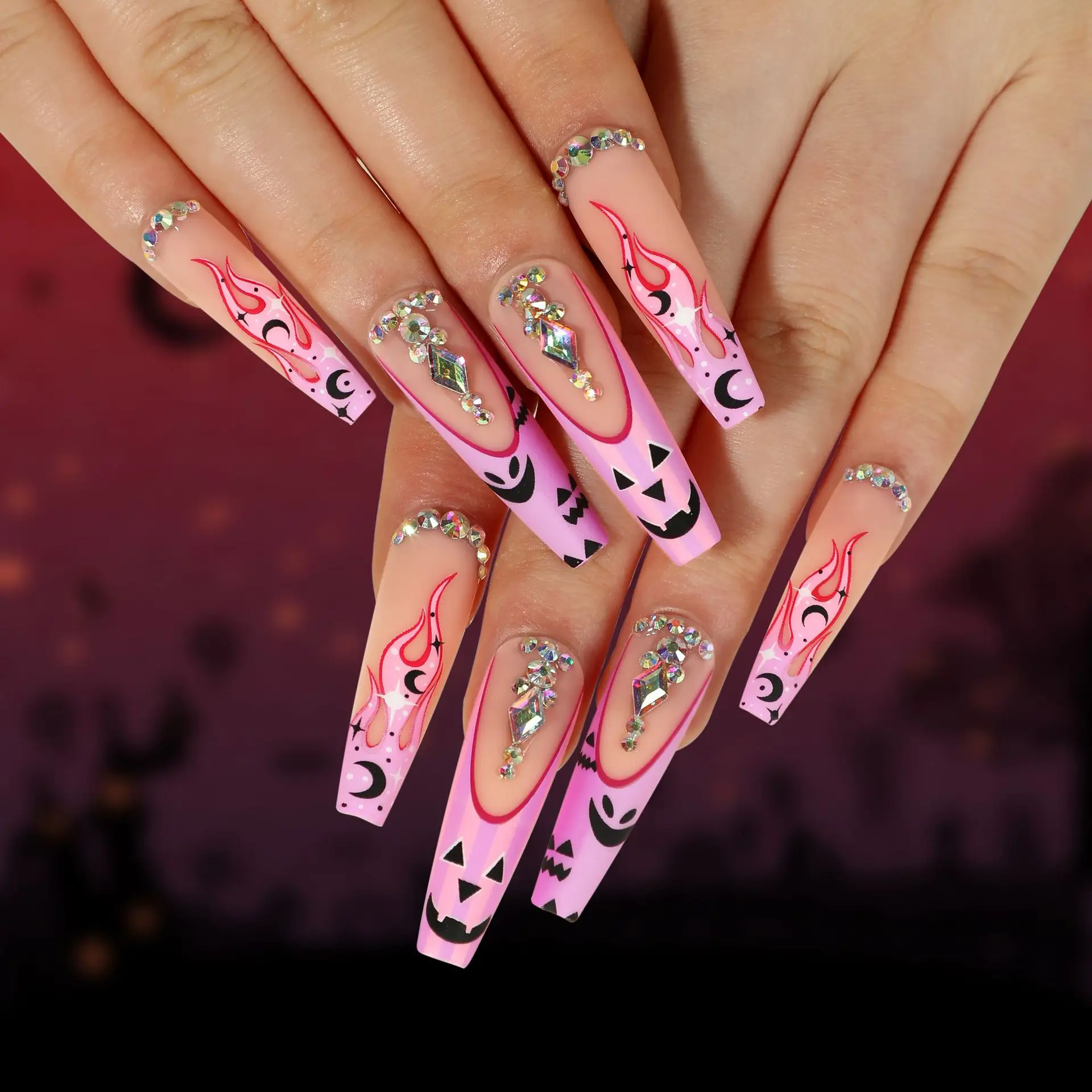

24PCS St. Patrick's Matte Pink French Press-On Nails - Black Pumpkin Flames & Moon Charms Long European Square