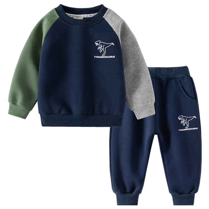Boys' set wholesale 2024 new children's dinosaur print contrasting long sleeved set baby sports 2-piece set tide