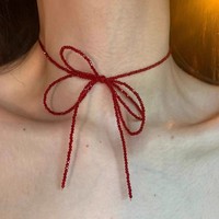 Vintage Red Crystal Bead Bow Necklace for Women Girls Sweet Cool Long Tassel Short Choker Necklace Unusual Y2K Jewelry Gifts