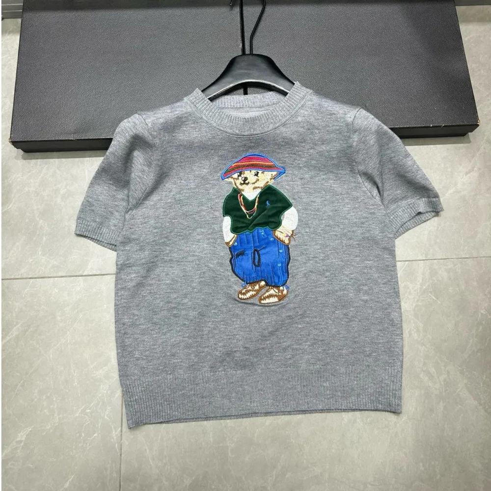 2025 Summer New Women\'s Knitted Pullover Embroidery Cartoon Bear Short Sleeve Sweater Korean Fashion Casual Thin Ladies Knitwear