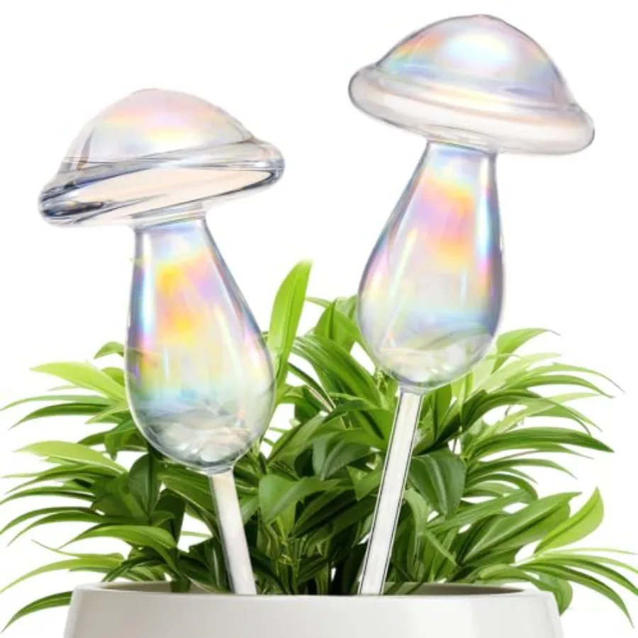 

2 Pcs 17 Oz Plant Watering Globes Large Mushroom Shaped Iridescent Rainbow Self Watering Globes Clear Glass Planter Insert Devi