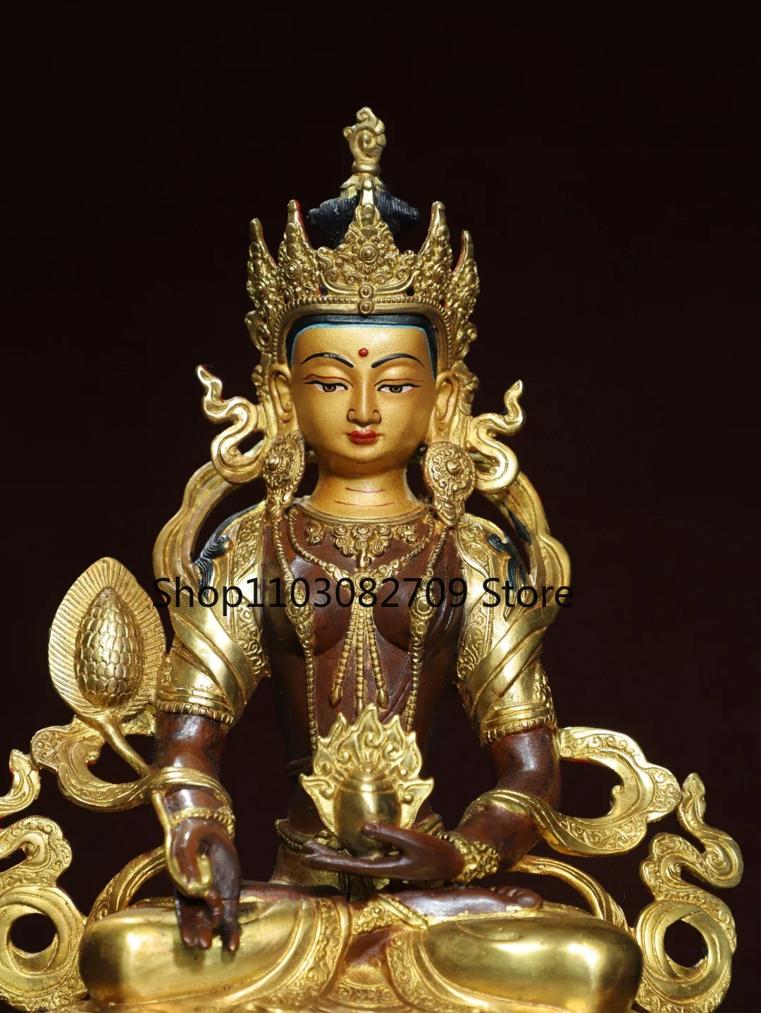 Tibetan Tantra gilt brass painted face infinite longevity Buddha Jizang King Bodhisattva ornament hall offering 30 cm