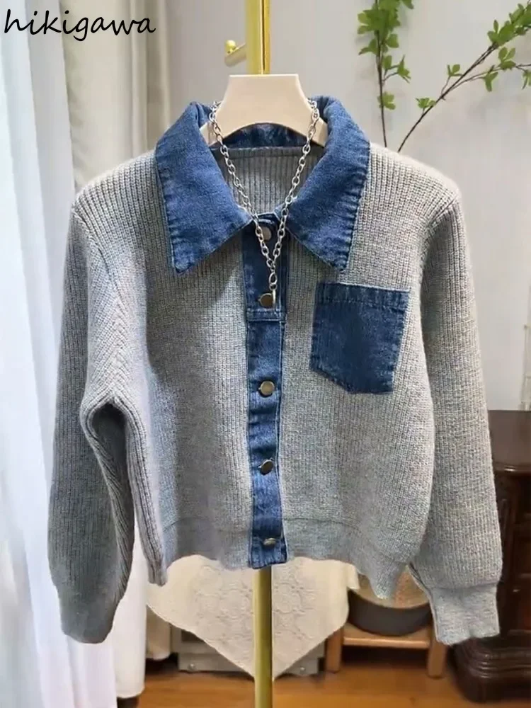 Casual Cropped Cardigan Jackets Women\'s Clothing Patchwork Denim Fashion Sueter Mujer Long Sleeve Knitting Sweater Y2k Tops