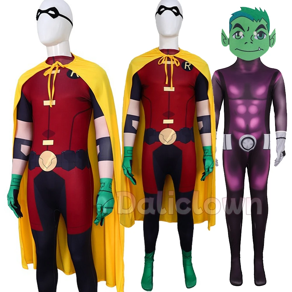 Disfraz de Teen Tim Drake Robin Damian Wayne BeastBoy, disfraz de Titans Bat Beast Boy, mono Zentai, disfraz de Halloween para niños y hombres