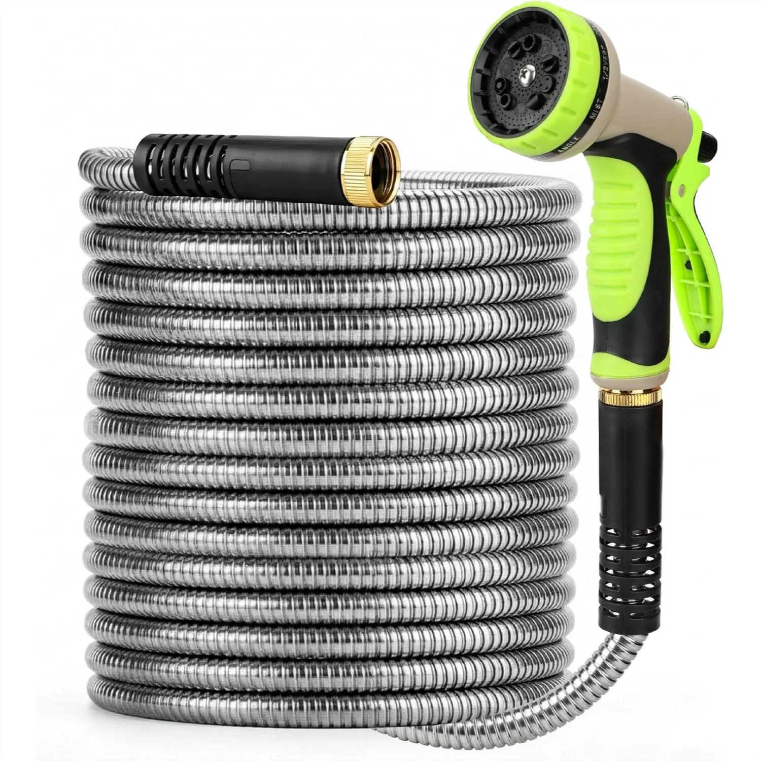 

25 ft Metal Garden Hose, Stainless Steel Heavy Duty Flexible with 10-Function Spray Nozzle & 3 Washers, No-Kink Lightweight