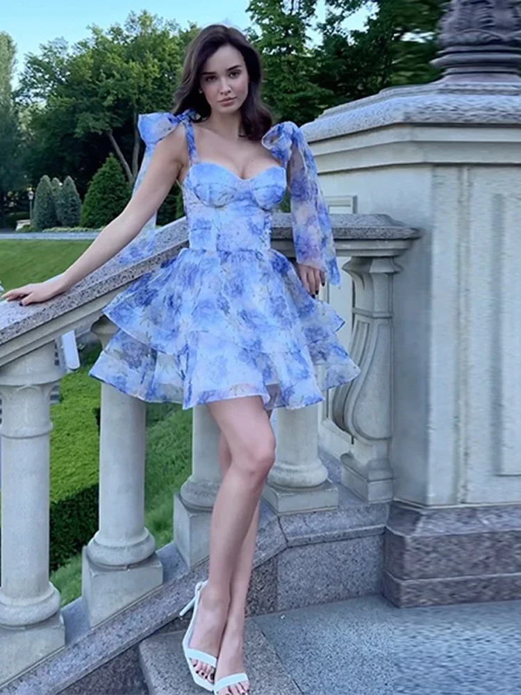 Impresso rendas até curto inchado halter vestido mulher sem costas magro plissado em camadas vestidos elegantes sexy moda feminina mini vestidos