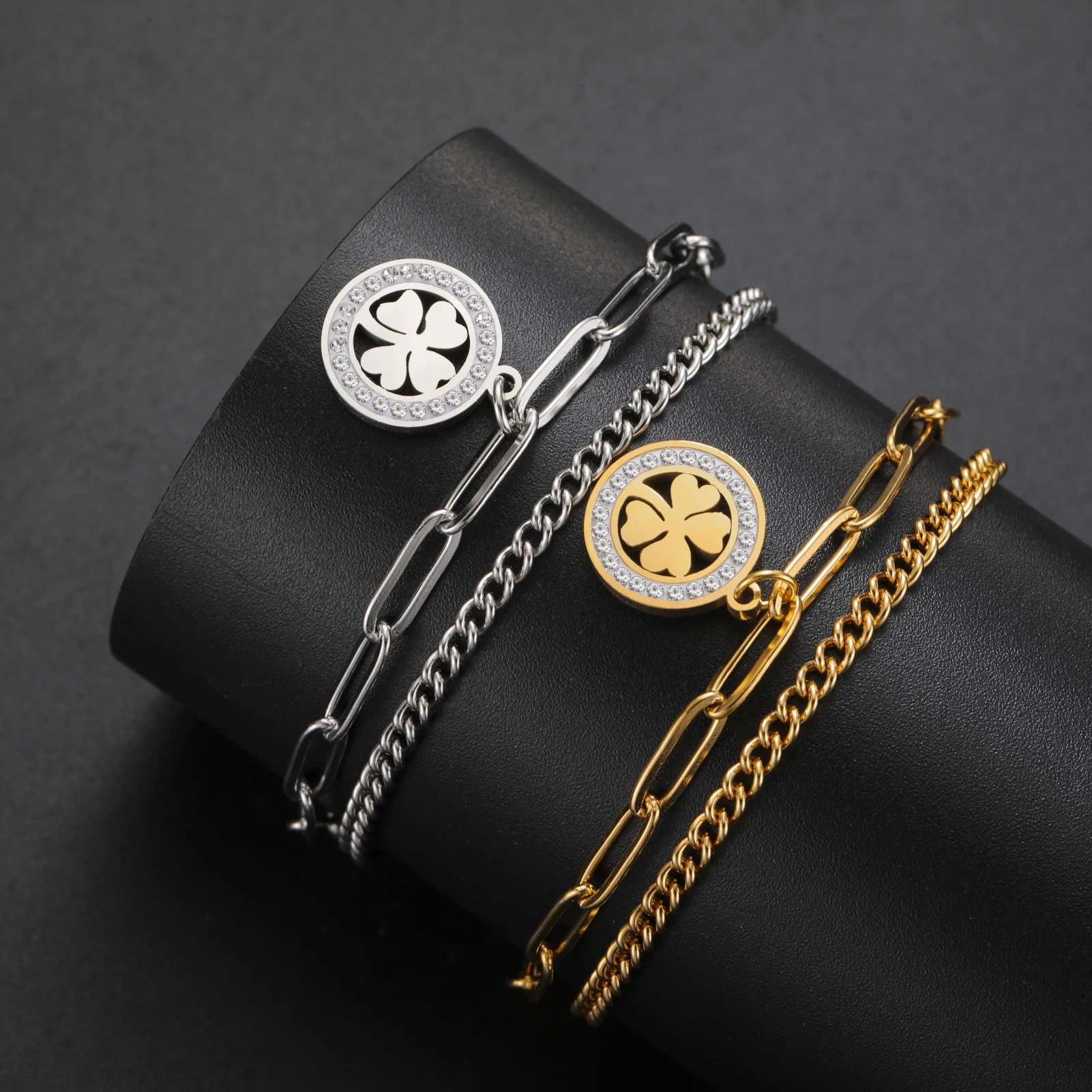 COOLTIME Edelstahl Runde Klee Armbänder Frauen Mode Klassische Zirkon Kristall Armband für Frauen Schmuck Geburtstag Geschenke – Detail 3
