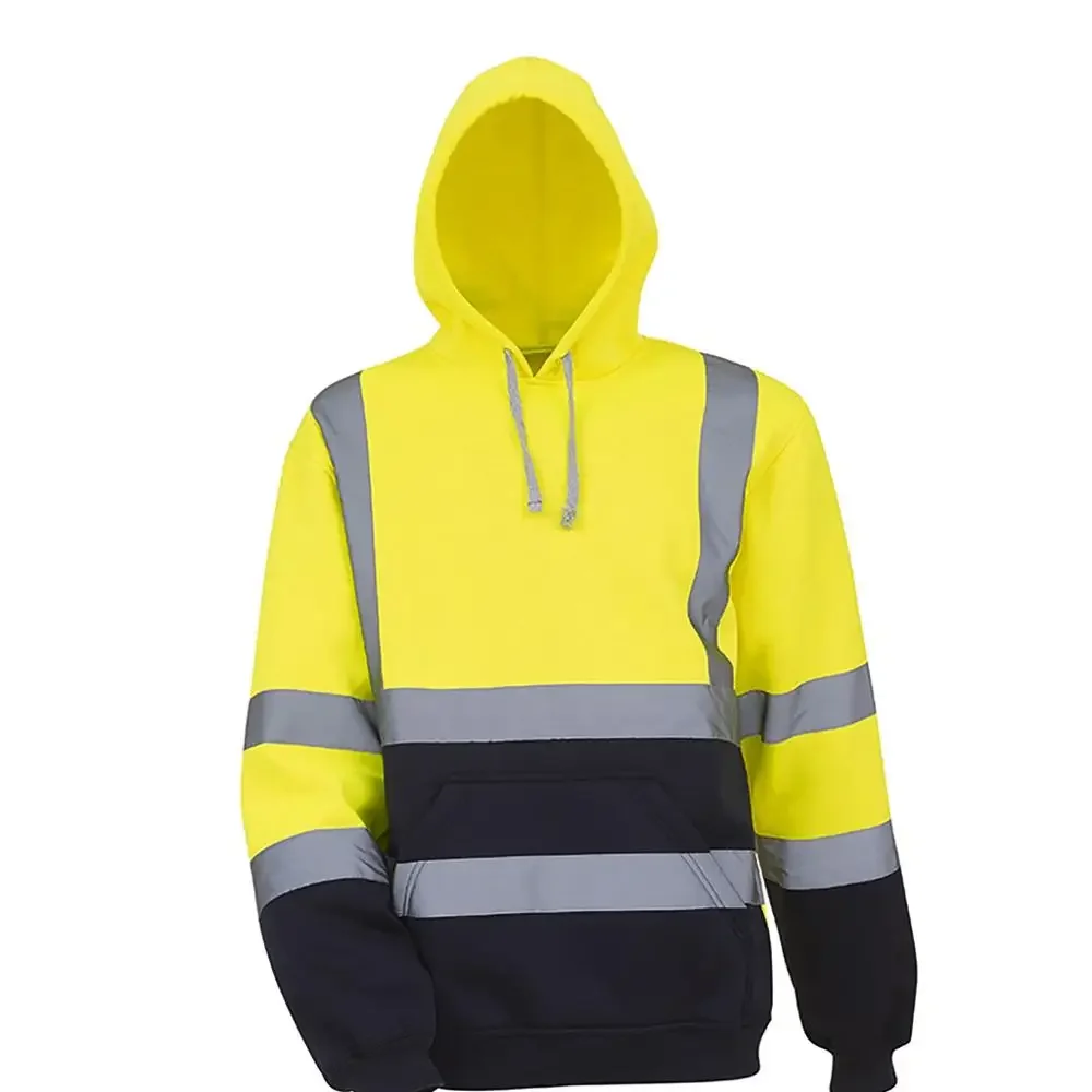 Men's Sport Reflective Polar Fleece Yellow Orange Jacket High Visibility Pullover Long Sleeve Hooded Sweatshirt