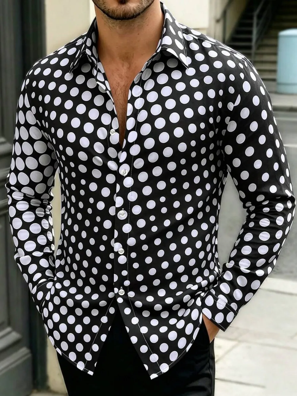 Men's casual polka dot patterned long sleeved shirt