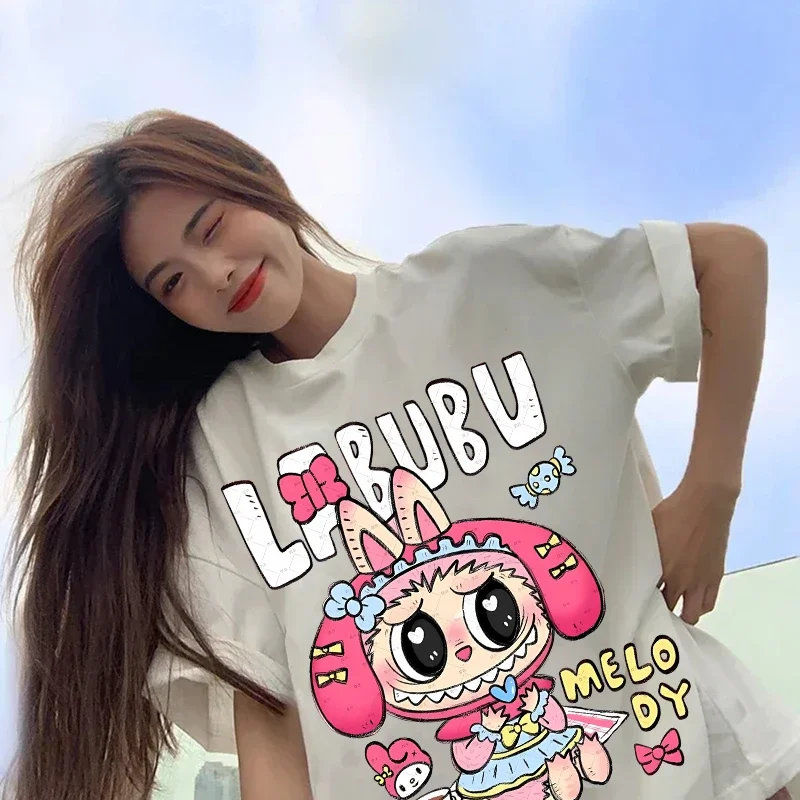 Pop Mart Labubu T-shirts for Women Anime Fashion Short Sleeved Top Summer Hip Hop Black White T-shirt High Quality Clothes