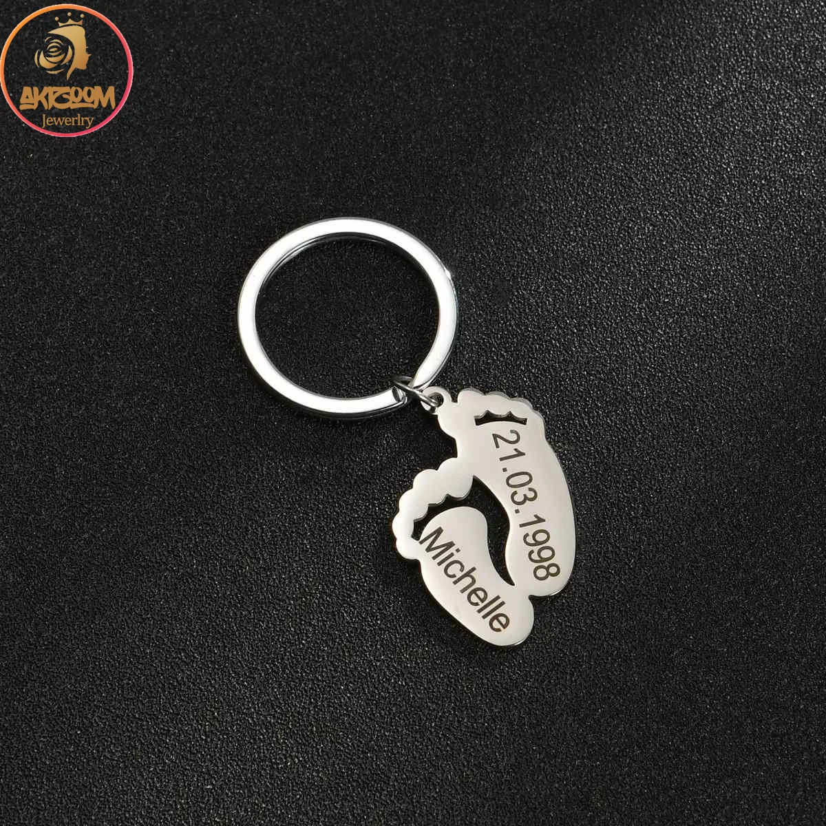 Akizoom Custom Baby Name Punk Foot Keychain Engrave Name Birth Date Stainless Steel Personalized for Woman Mother's Day Gift