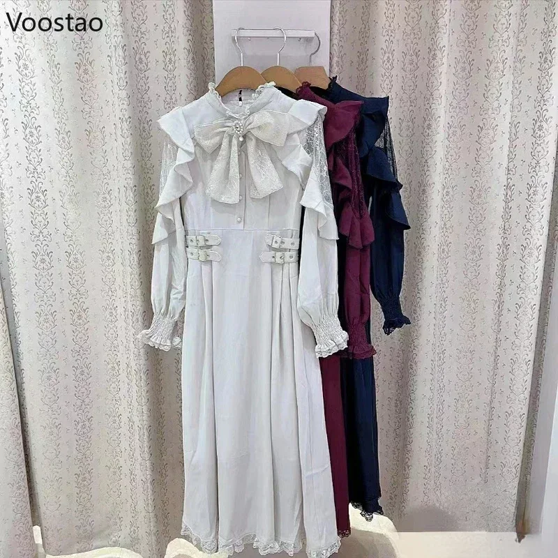 Japanese Style Gothic Y2k Lolita Dress Bow Lace Ruffles Long Sleeve Elegant Midi Dresses Sweet Women Casual Punk Party Vestidos