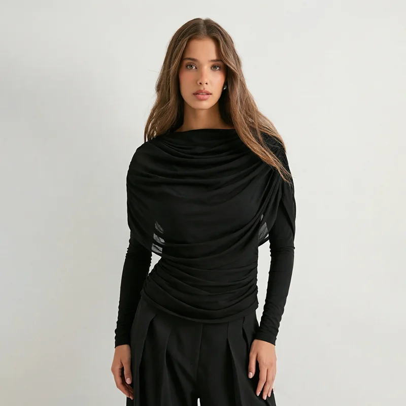 Long sleeved mesh patchwork hanging collar pleated shawl slim fit T-shirt top
