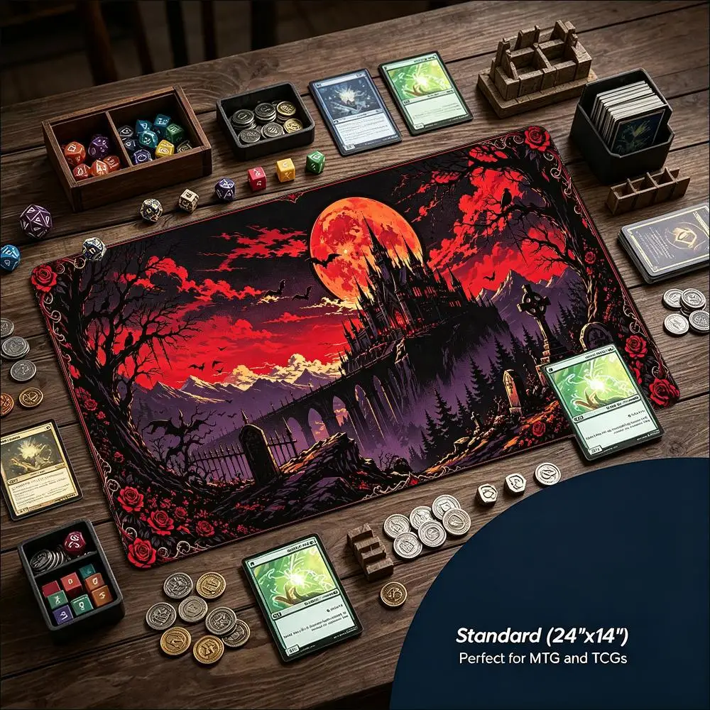 Black Cat Witch Blood Moon Castle Graveyard Bat Fantasy Large Gaming Playmat Non Slip Rubber Base XXL Desk Mat for Horror Fan