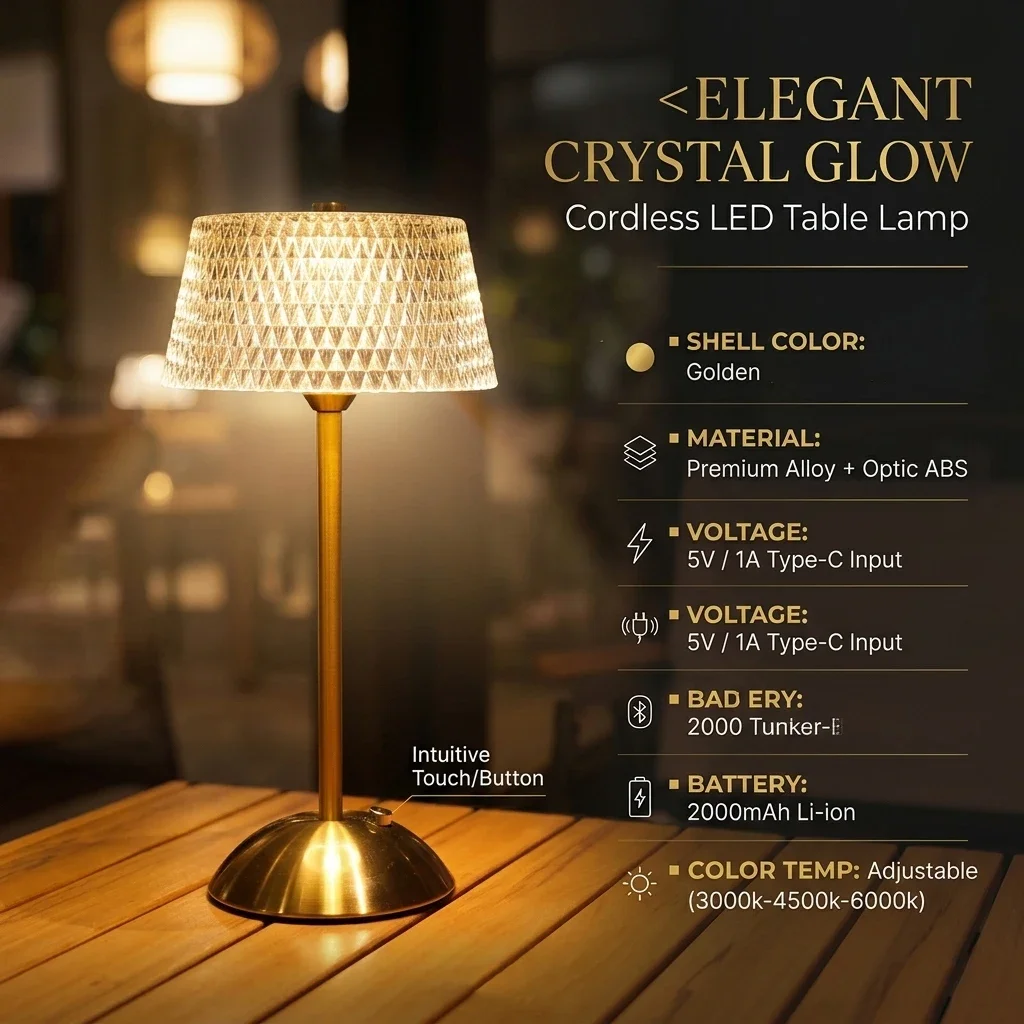 KFV LED Retro Tischlampe USB Wiederaufladbare Leuchte Kaffeebar Touch Dimmbare Kristall-Schreibtischlampe Schlafzimmer-Deko Vintage Tischlampen