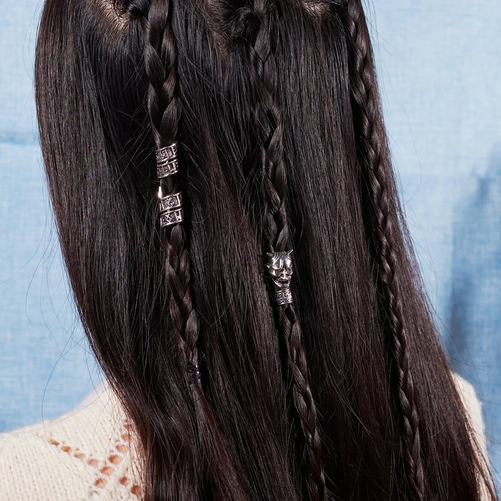 Column Skull Alloy European Loose Beads Metal Beard Beads with Elastic Hair Bands Tail Comb Quick Hair Pin Tool