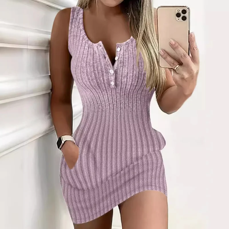 Vestido de emagrecimento com gola semi-aberta feminino, monocromático, botões casuais, vestidos básicos, saias sem mangas, moda de deslocamento, verão