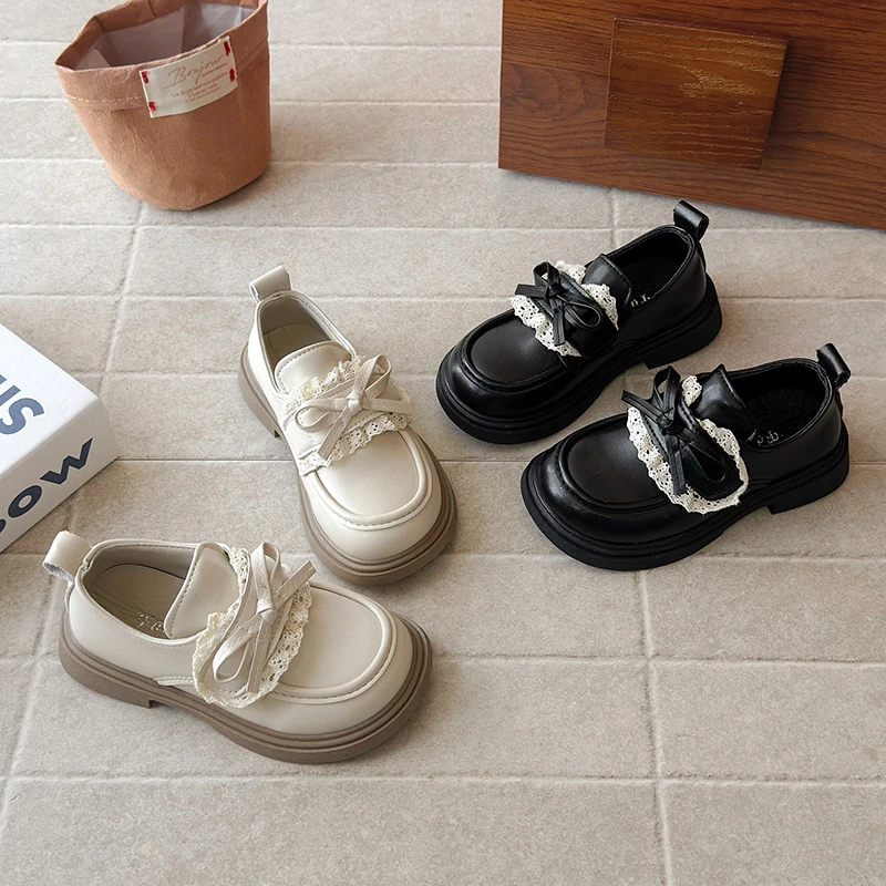 Girls Loafers Shoes with Lace Bow Knot Children Princess Leather Shoes Sole Soft Non‑Slip Little Kids School Uniform Shoes