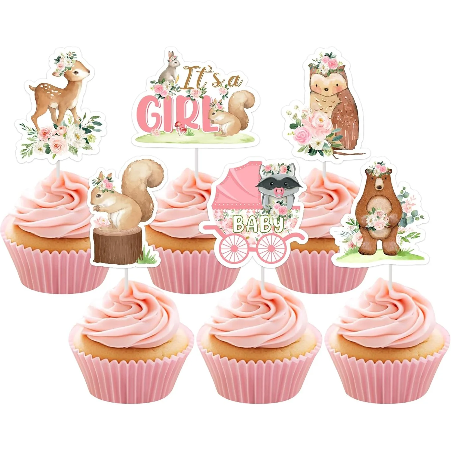 

24 Pieces Woodland Animal Baby Shower Cupcake Toppers Pink Boho Flowers Deer Bear Cake Decors Creatures Birthday Party Supplies