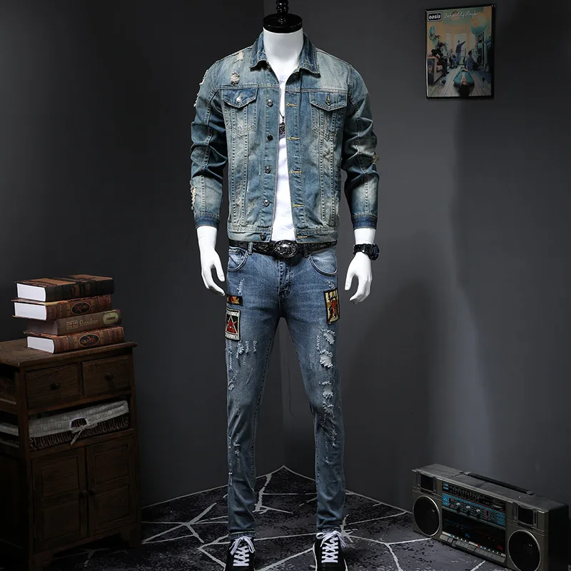 Trendy Mens Jacket Autumn and Winter Torn Holes Nostalgic Fashion Casual Denim Jacket for Men