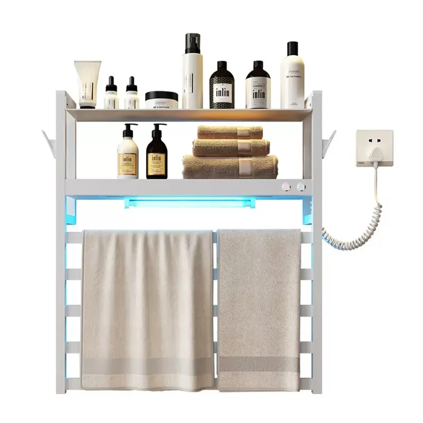 

Wall Mounted Electric Heating Towel Rack with Storage Rack, Intelligent Towel Warmer, Fast Drying, Heated Rail, V-102