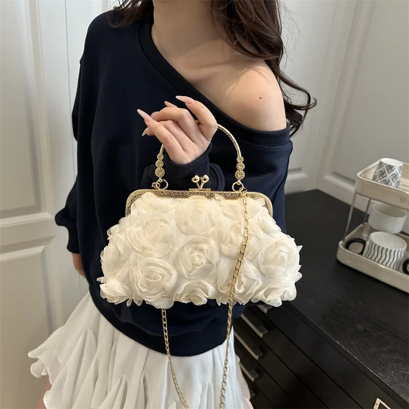 

Summer Rose Flower Tote Bags For Ladies Porm Dresses For Women Metal Chain Crossbody Bag For Women Elegant Wedding Party Items