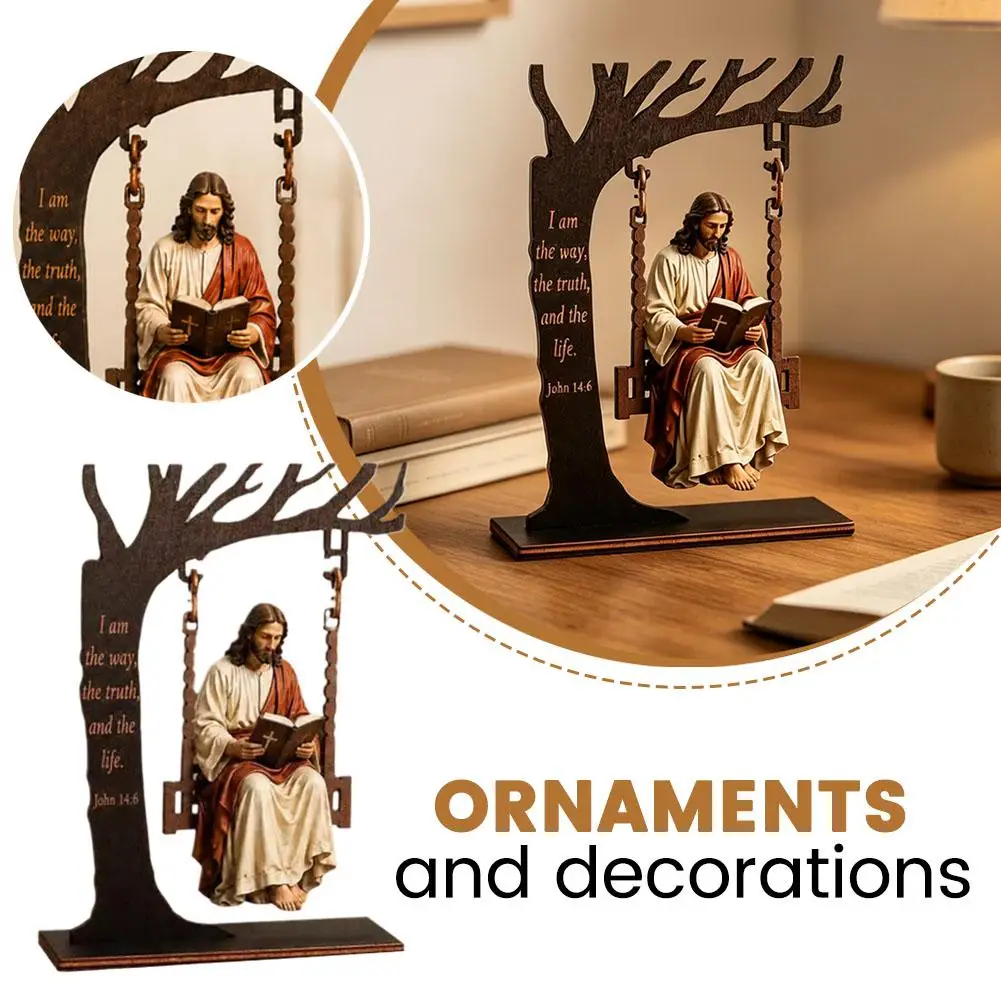 Wooden Jesus Reading Bible Swing Desktop Ornament 19×14cm, Engraved Scripture Religious Tabletop Statue, Modern Decoration