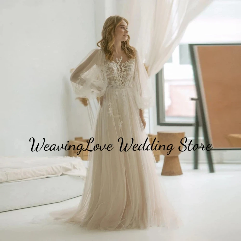 Dreamy O-Neck Puff Long Sleeves Princess Wedding Dresses Backless Lace Applique Perspective Tulle   فساتين للحفلات الراقصة