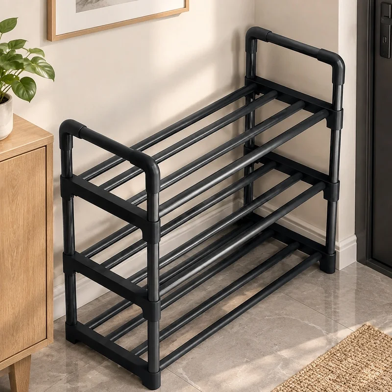 Compact Black Tiered Shoe Rack for Dorm and Entryway, Space-Efficient Multi-Level Footwear Storage Solution