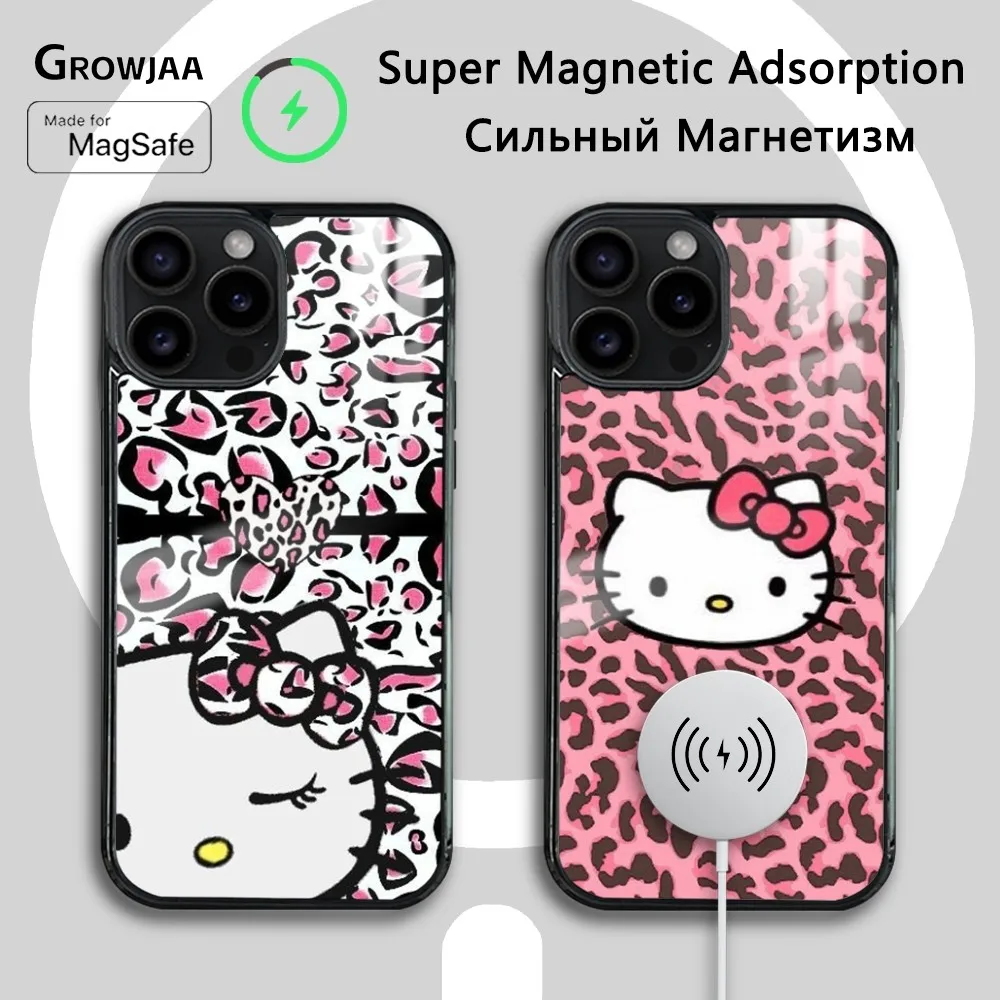 

Hallo Kitty Pink Leopard Print Magsafe Phone Case For iPhone 15 14 13 12 11 Pro Max Plus Mini Mirror Wireless Magnetic Funda