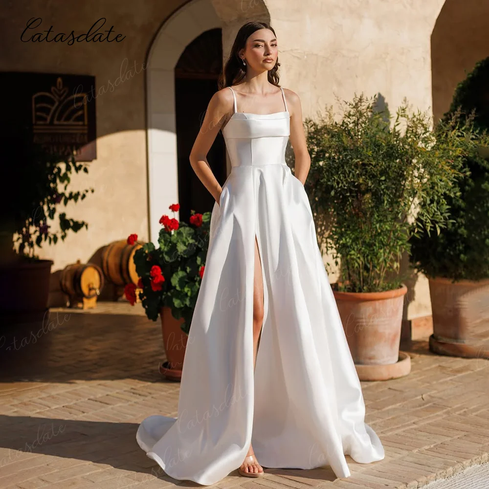 

Catasdate A Line Wedding Dress Elegant Satin Engagement Dress with Pockets Long Bridal Gowns vestidos de novia Customized