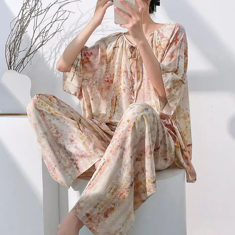 Hot 2026 Spring Summer New Women Cool Comfort Sleepwear Set Fashion Printed Loose Wide Leg Pants Large Home Clothes Two Pieceset view 3