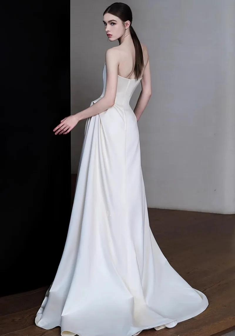 French White Light Wedding Dress Slim Strapless Satin Sleeveless A-Line Mermaid Formal Occasion Celebrity Prom Evening Dress