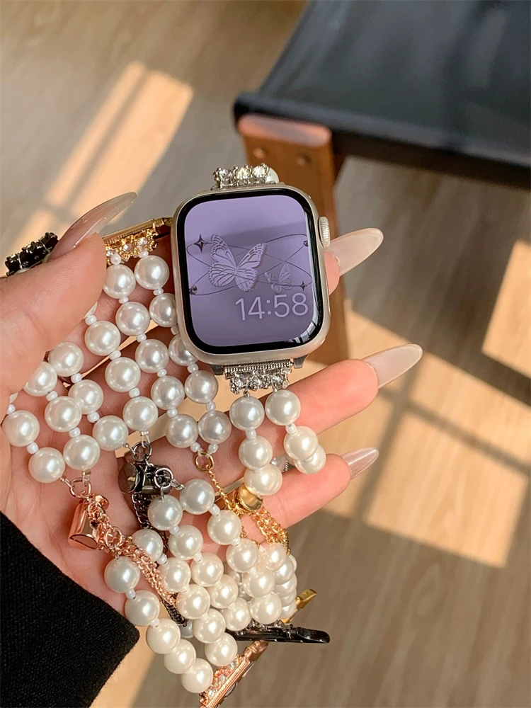 Luxury Diamand White Pearl Bracelet For iWatch Series 8 7 6 5 4 3 SE Women Slim Strap For Apple Watch 41mm 40mm 38mm 45 42 44 49