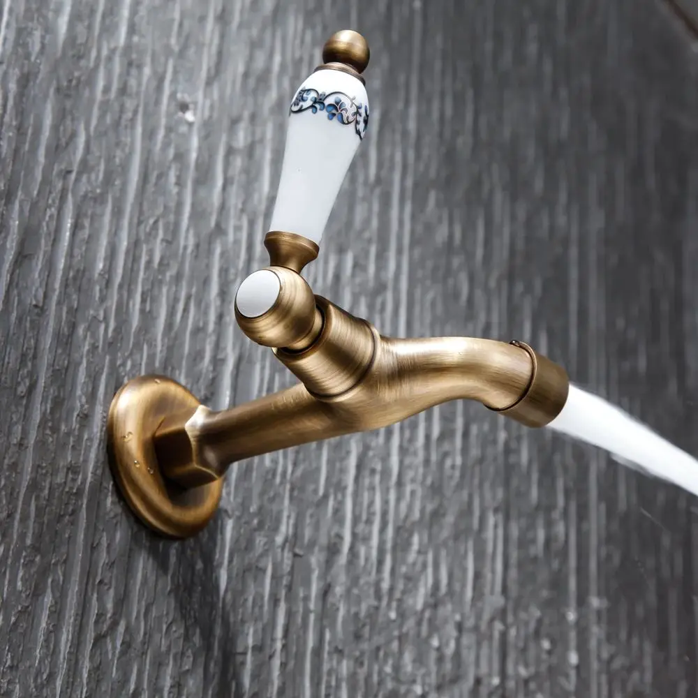 Antique Brass Wall Mount Garden Tap, Vintage Decorative Water Spigot with Floral Ceramic Handle for Outdoor & Laundry Use