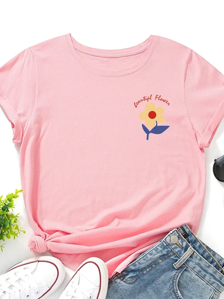 

2024 Little Beautiful Flower on Chest Print Women T Shirt Short Sleeve O Neck Loose Tshirt Ladies Tee Shirt Tops Camisetas Muje