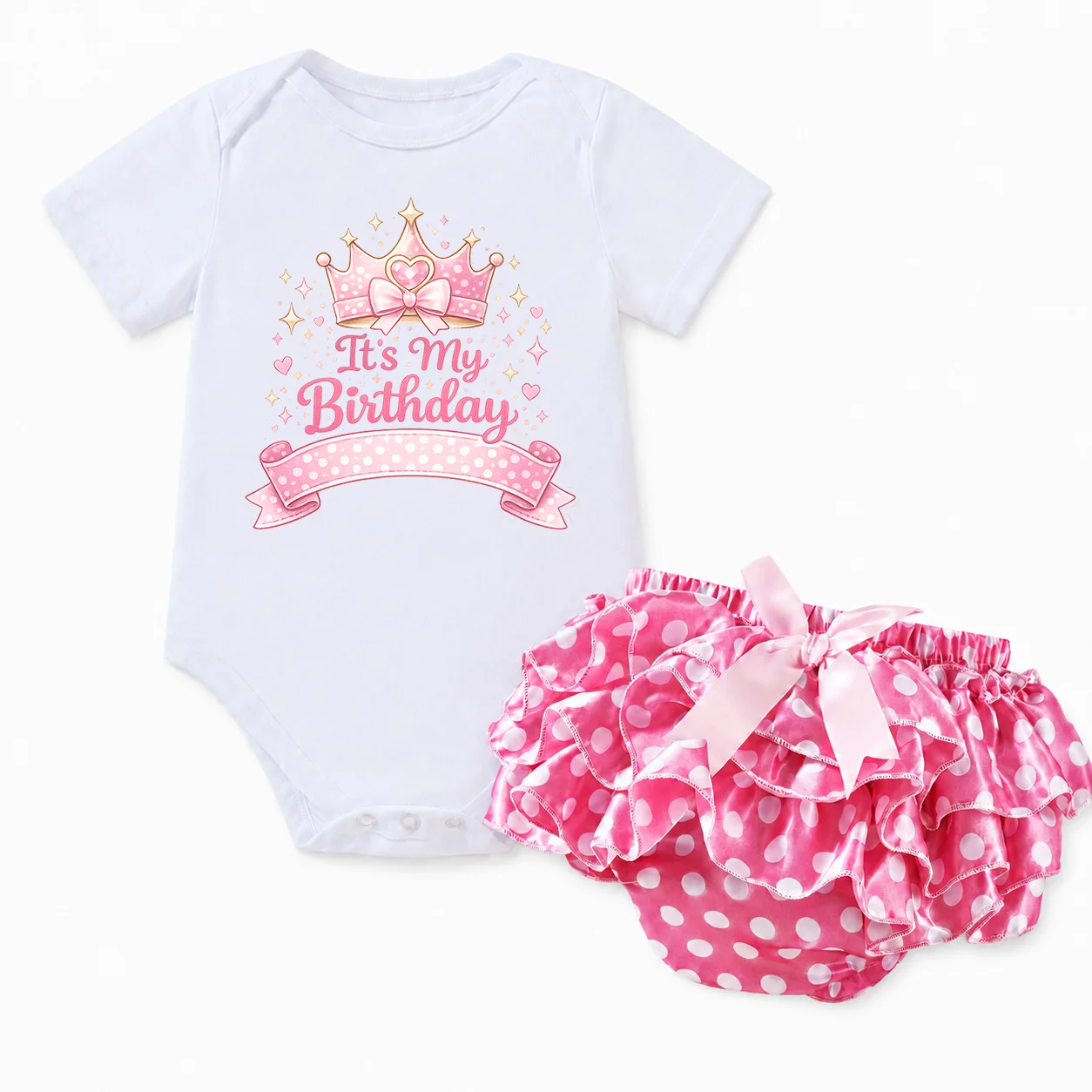 Baby Girl 1st Birthday Outfit It's My Birthday Crown Bodysuit Pink Polka Dot Tutu Shorts Set Newborn Birthday Party Clothes