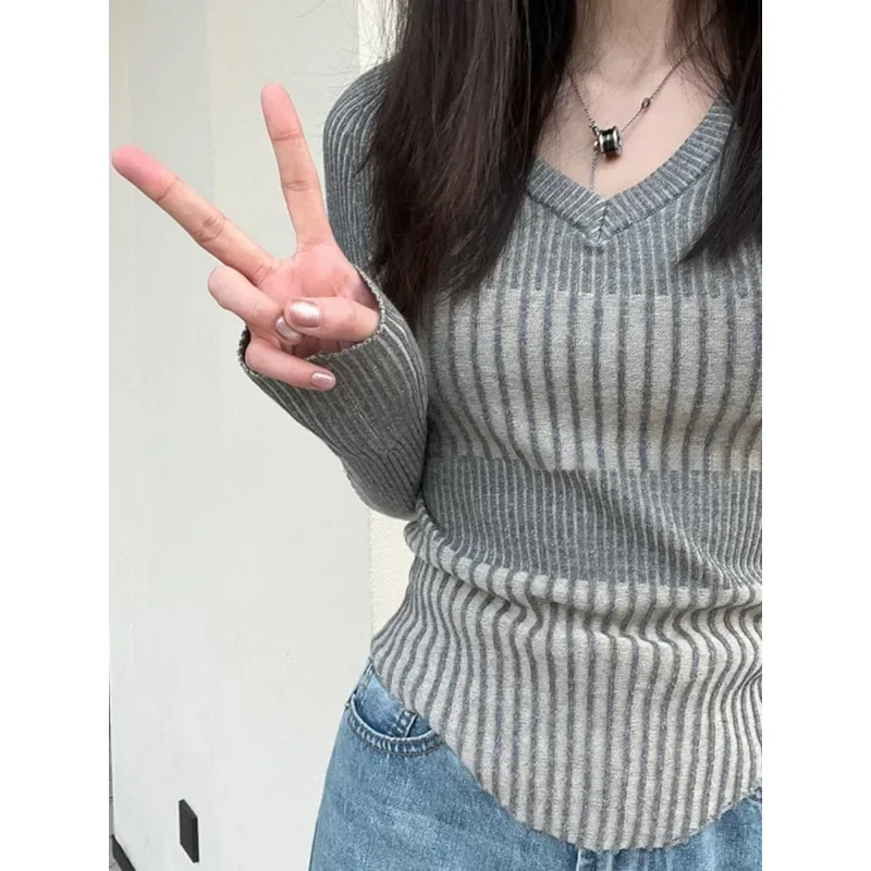 Casual Gray Knitted Sweters for Women Spring Autumn Chic Elegant Vintage Tops Y2k Fashion Jumpers Slim Basic Pullovers Sweater