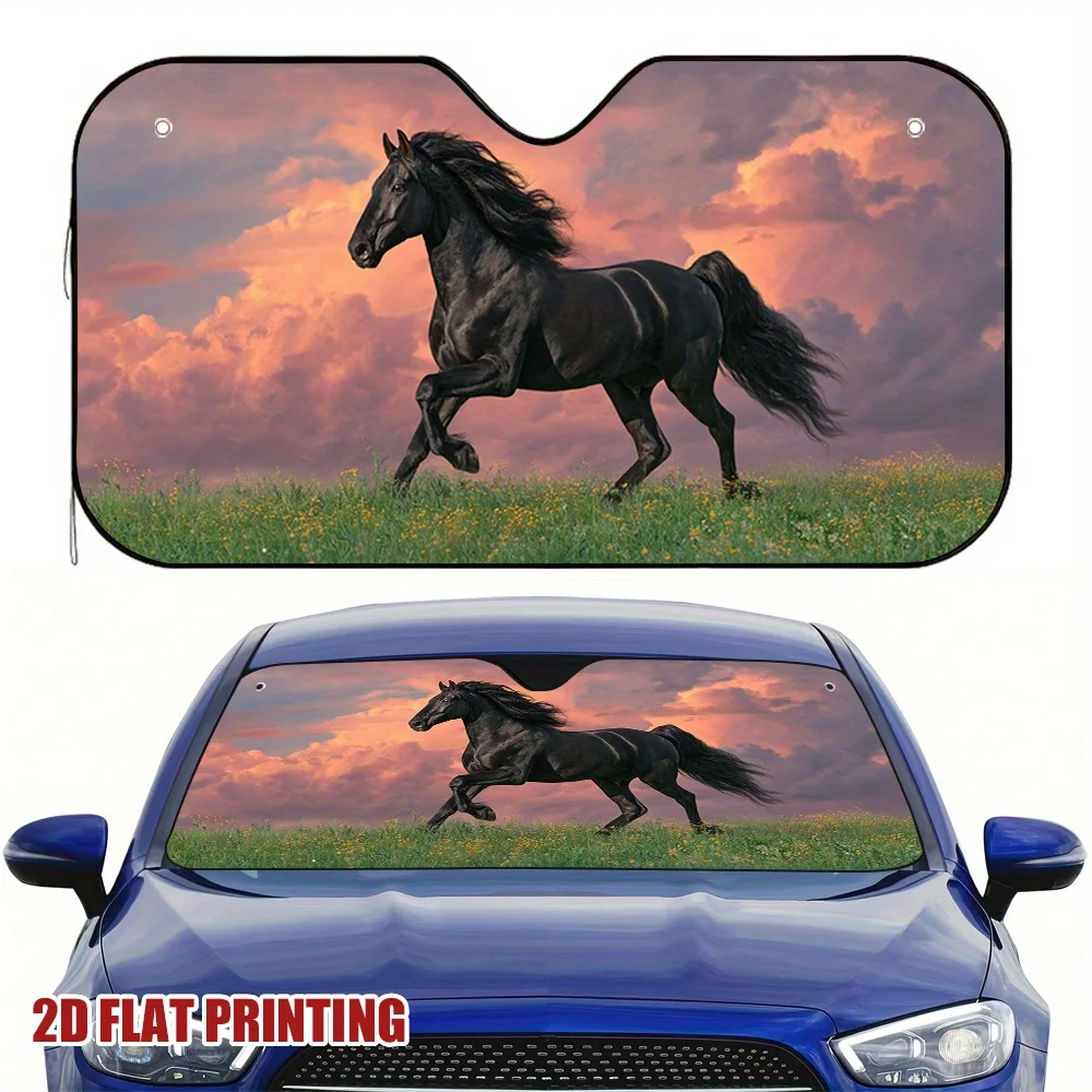 1pc Galloping Black Stallion Car Sun Visor - Fit, Reduces Sunlight Intensity & Keeps Interior Cool, Stylish Horse Design For Sum