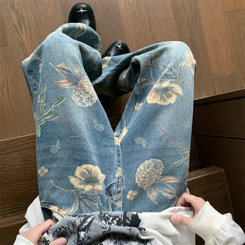 Printed Jeans Men's High Street Vintage Retro Spring Autumn Denim Loose Straight Washed Wide-leg Pants Casual Cowboy Trousers