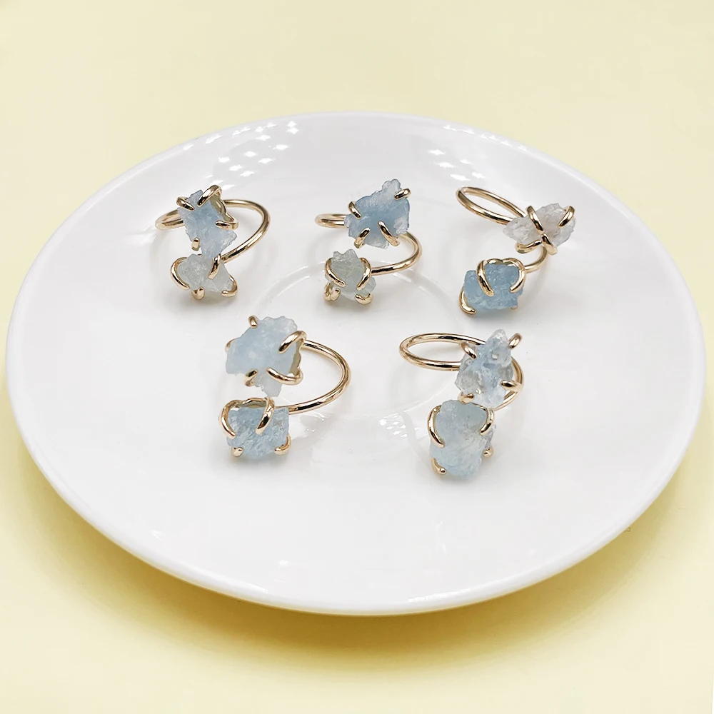 Irregular Aquamarine Open Cross Ring for Women Girls Claw Setting Gold-color Boho Natural Blue Stone Finger Jewelry Resizable