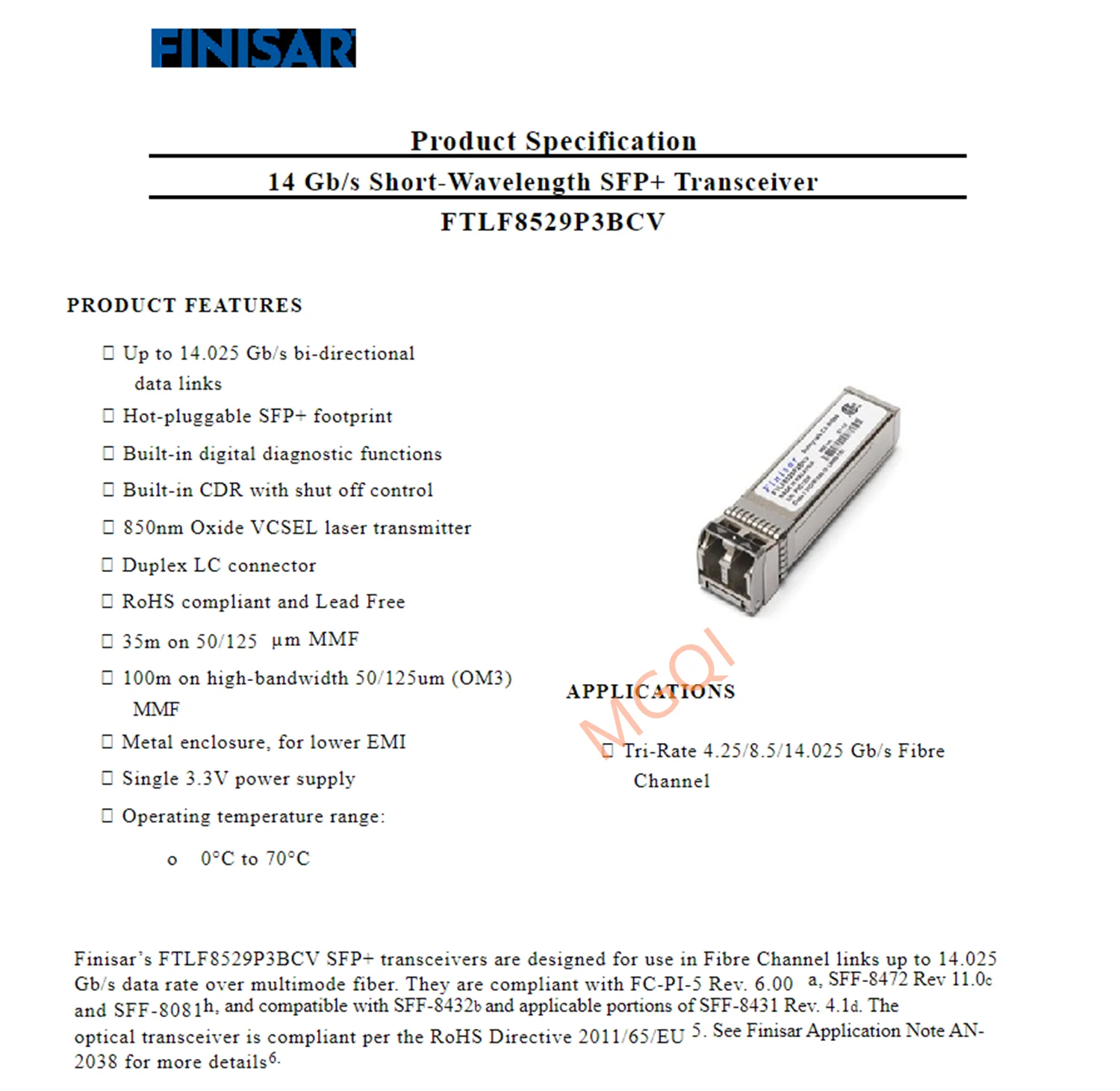 Finisar Fiber Transceiver Sfp 16g/FTLF8529P3BCV/16G LC 850nm/อะแดปเตอร์เครือข่ายสวิทช์Optical Fiberโมดูล/16G