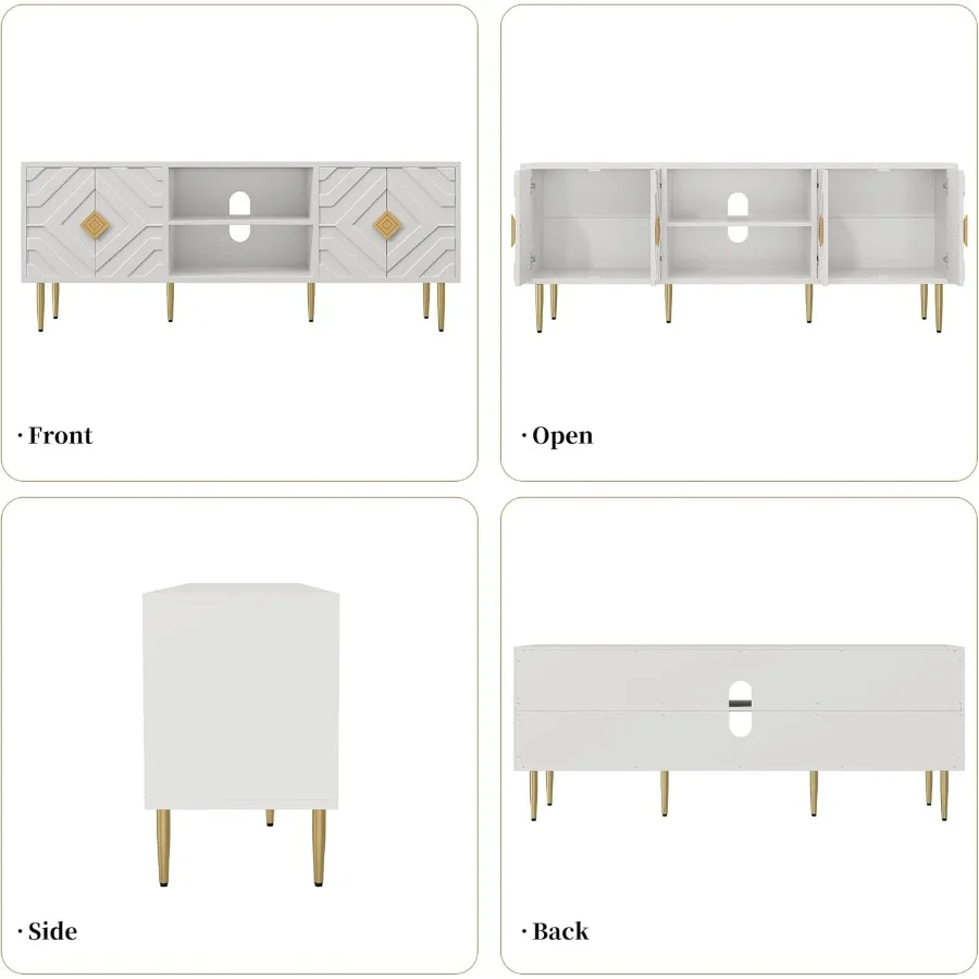 حامل تلفزيون أبيض مقاس 63 بوصة لمركز الترفيه التلفزيوني 65 70 75 بوصة مع خزائن تخزين وأبواب نمط منقوشة في منتصف القرن