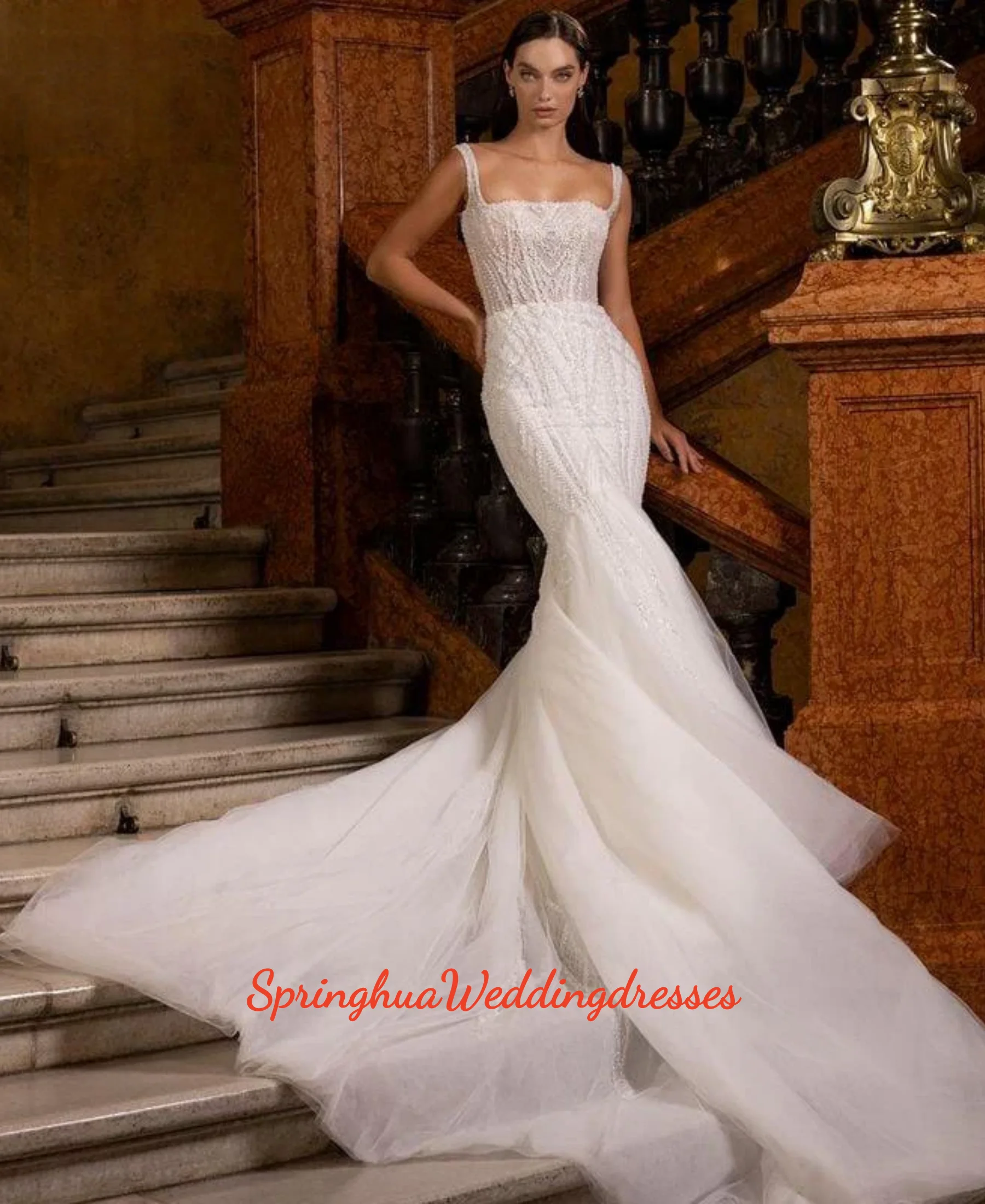 

Customized Shiny Mermaid Shiny Floor-Length Gown Sexy Spaghetti Strap Bridal Gown Romantic Sleeveless Wedding Dress 2026