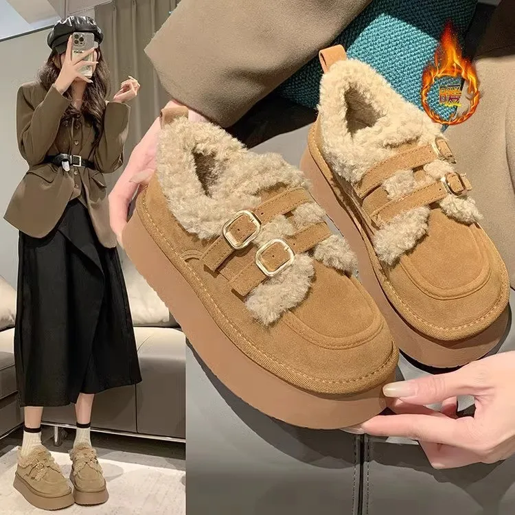 

Women's Thick Bottom Cotton Slippers Winter Outdoor Fashion Lazy Snowy Ground Retro Fleece Lined Shoes