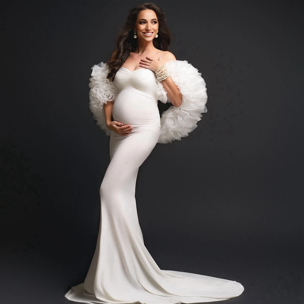 

New White Bridal Wedding Party Dress Off‑Shoulder RufflesTiered Tulle Maternity Dresses Elegant Bride Photo Shoot Gowns